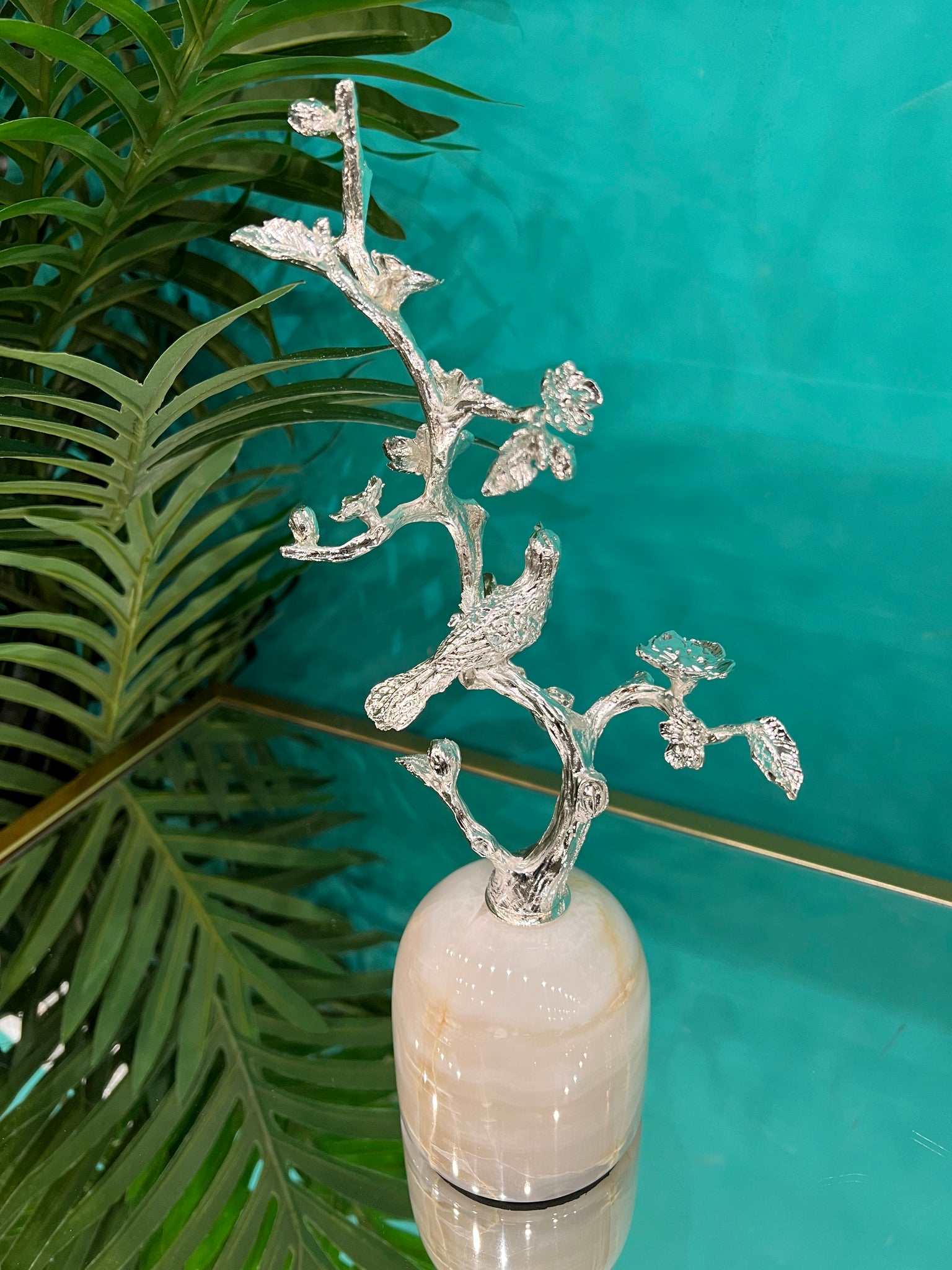 Marble Sculpture Centre Piece in Silver Metal of Birds on Branches
