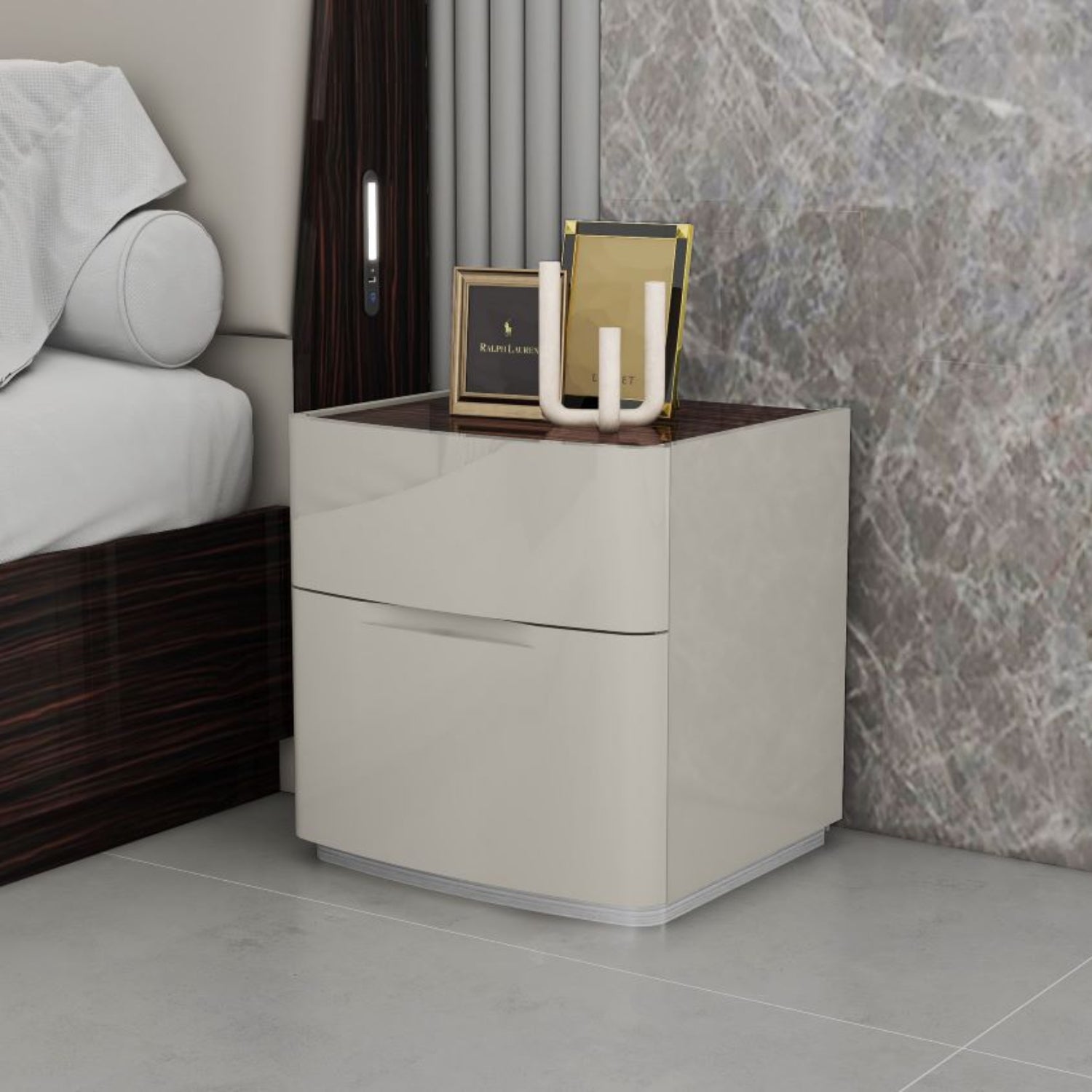 Mario Hydraulic Lift High Gloss Lacquer Bedroom Set Grey & Ebony