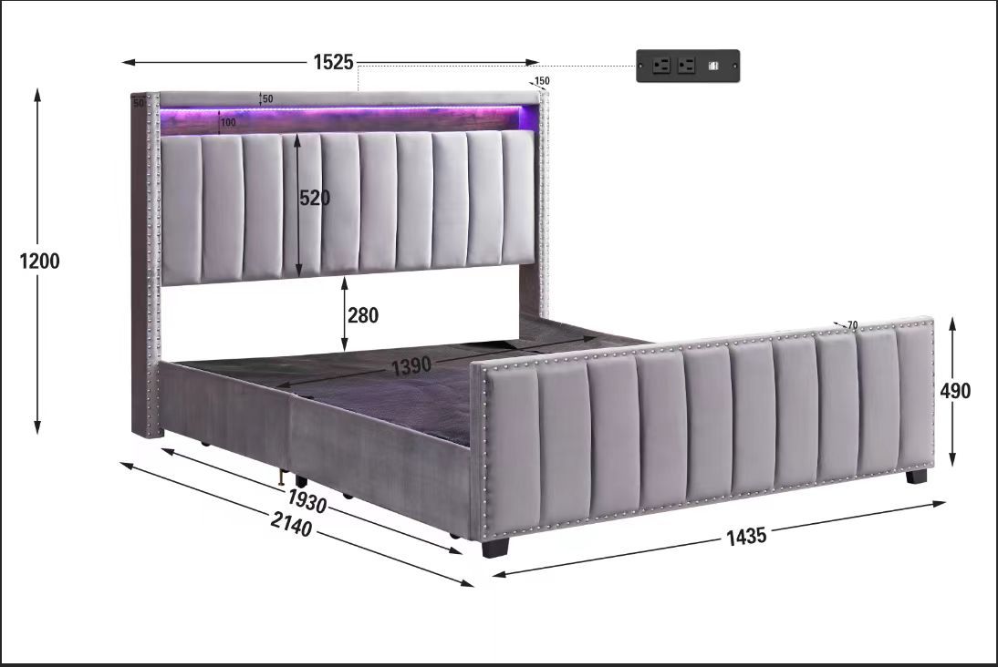 Mark Velvet Bed Frame with Storage Drawers and LED Lights Grey