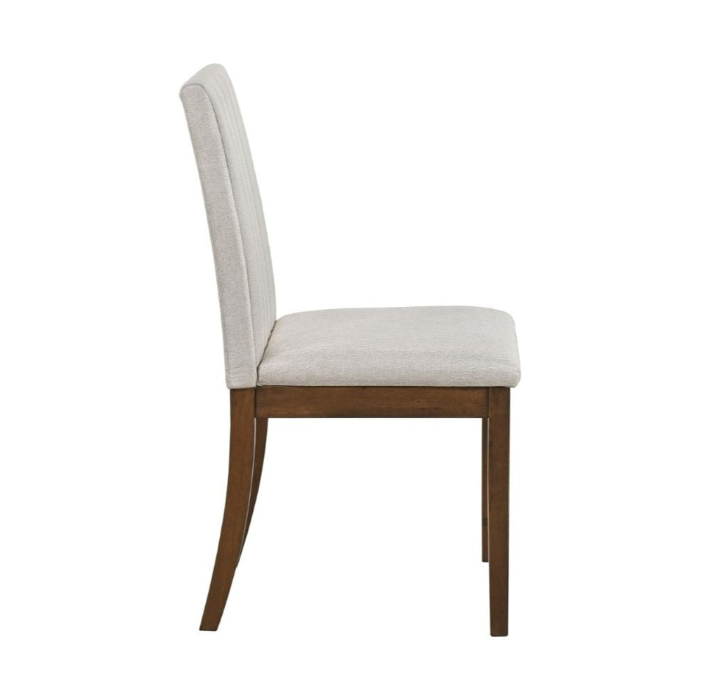 White upholstered chair with wooden legs on a white background