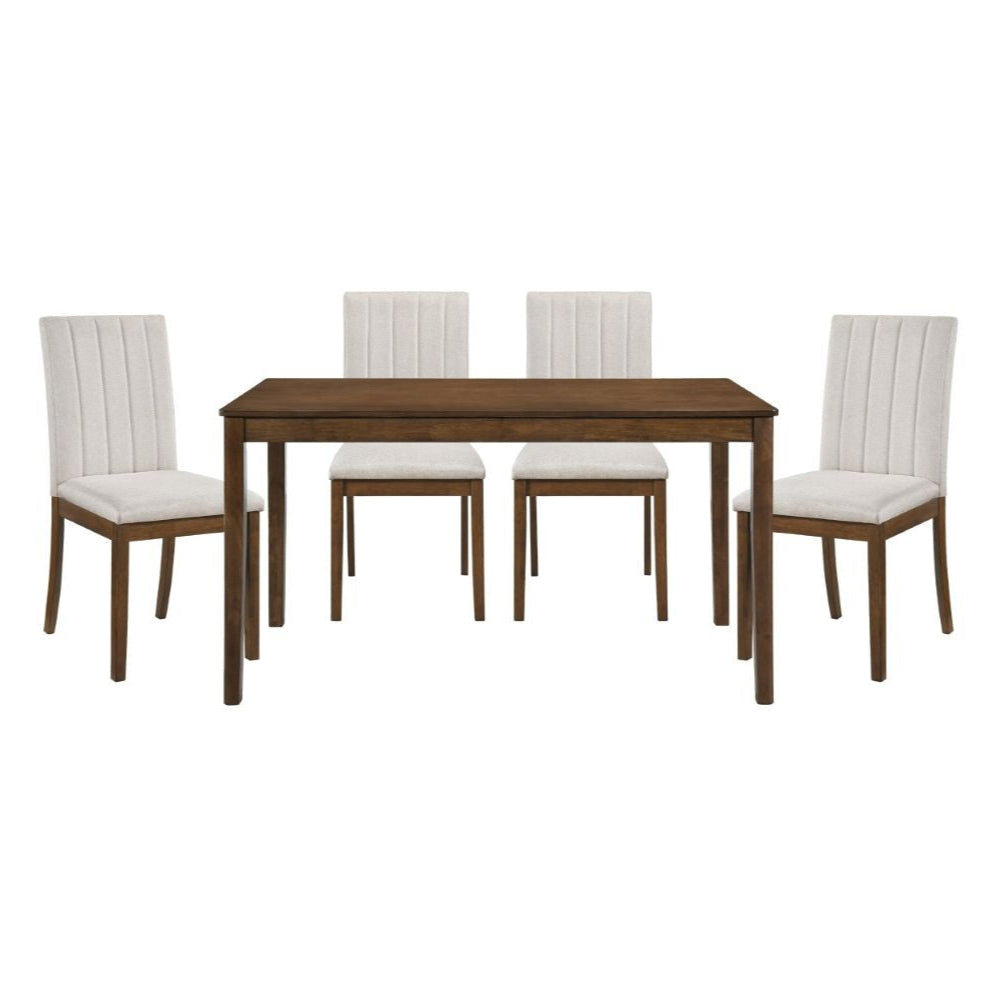 Dining table set with four chairs on a white background