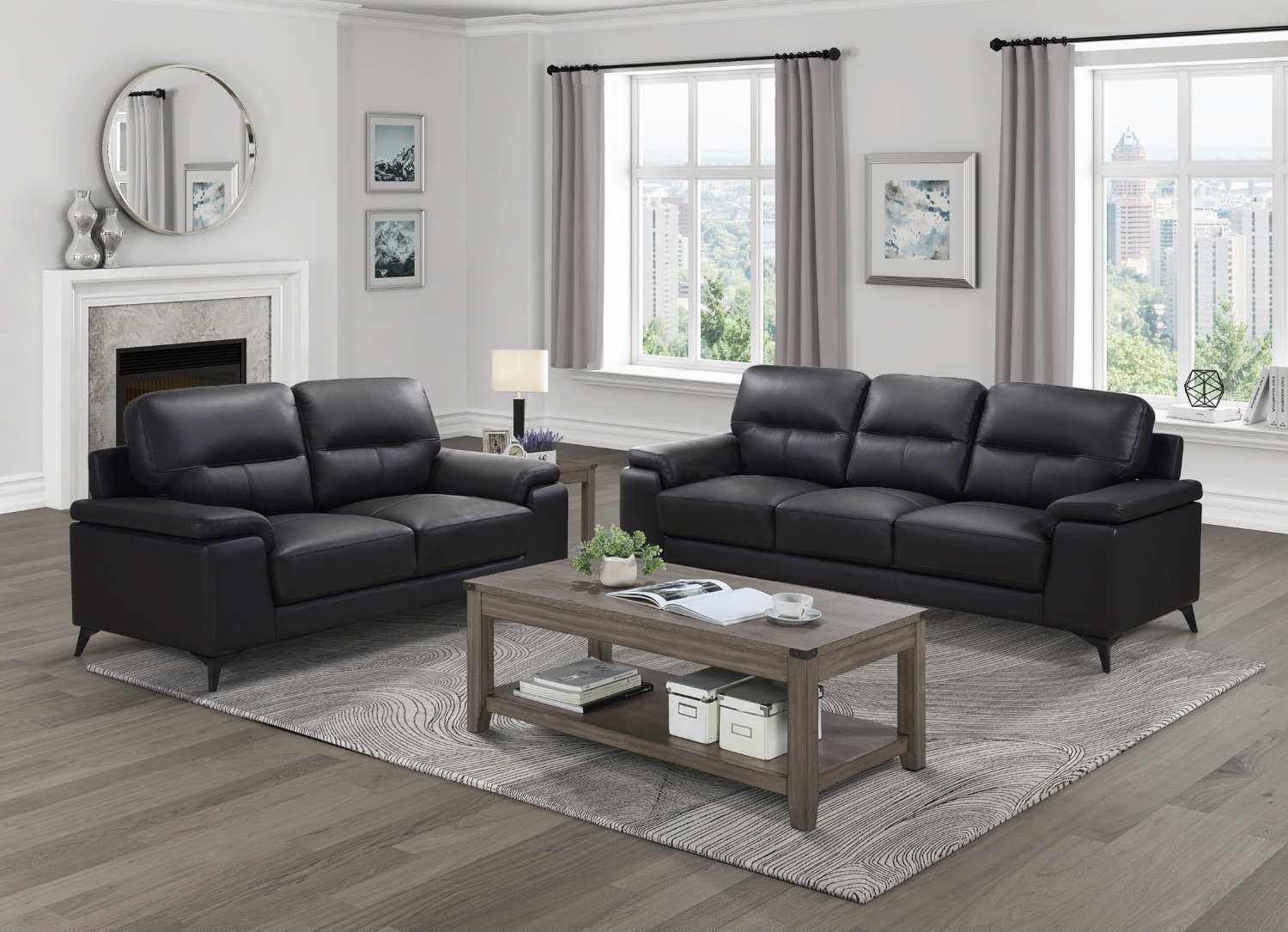 Mischa Top Grain Leather Sofa Set Black 9514