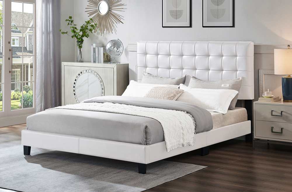 Modern White Tufted Bed With Adjustable Headboard 2114