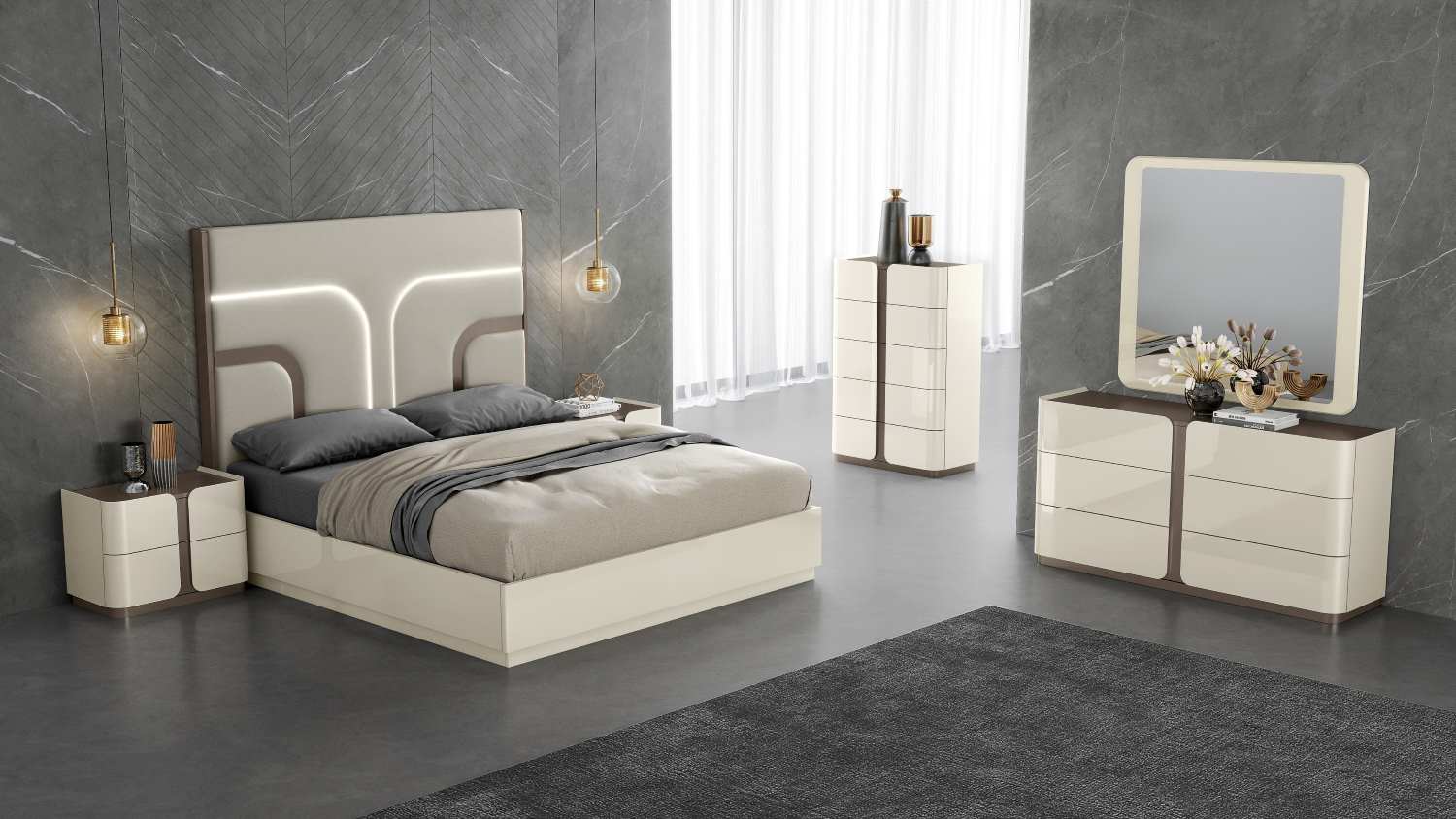 Monaco Hydraulic Lift Up Storage Bedroom Set with LED Headboard 1971