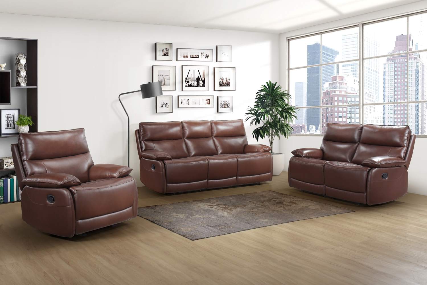 Morocco Brown Top Grain Leather Manual Recliner Sofa Set 9736