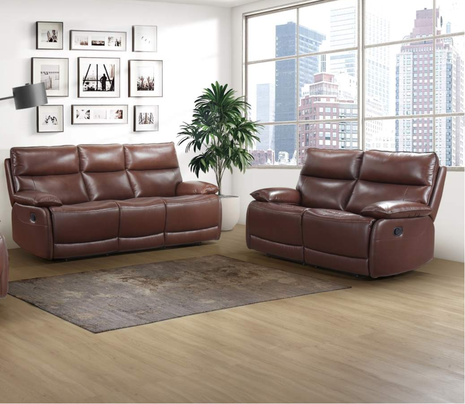 Morocco Brown Top Grain Leather Manual Recliner Sofa Set 9736