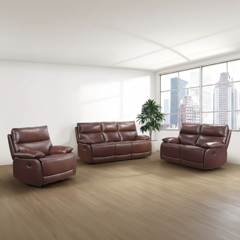 Morocco Brown Top Grain Leather Manual Recliner Sofa Set 9736