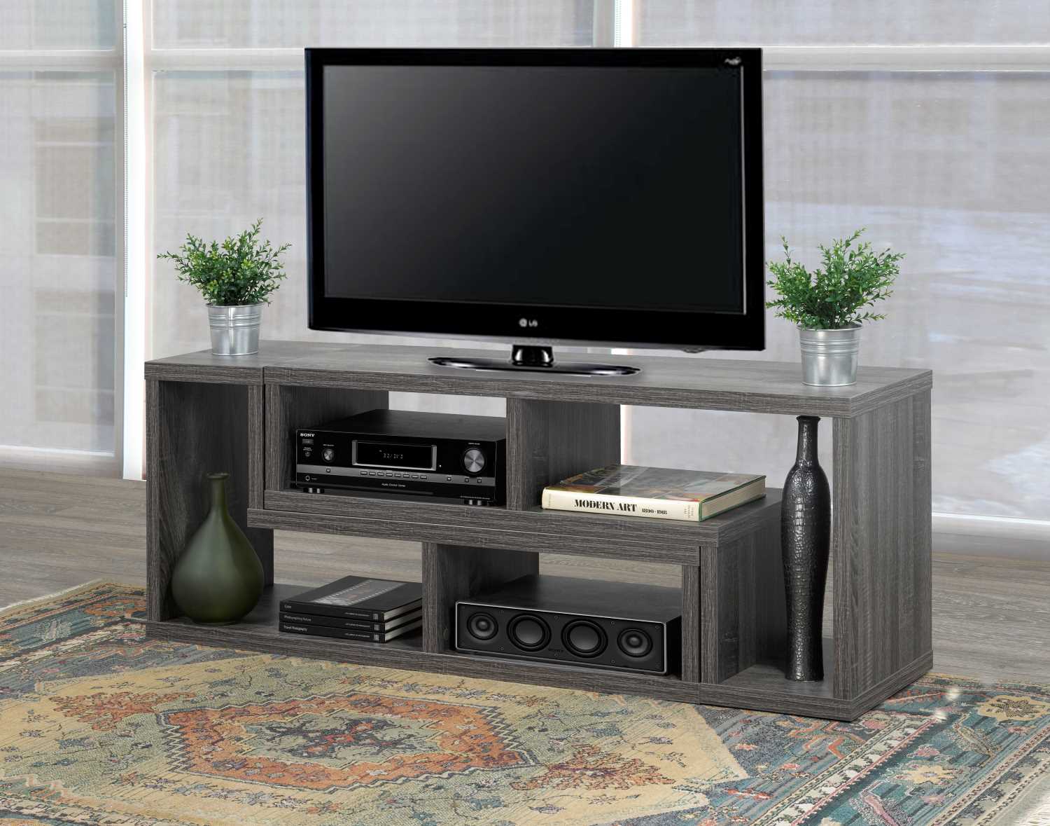 Multiple Configuration Wooden TV Stand With Open Storage Shelves Grey 18033