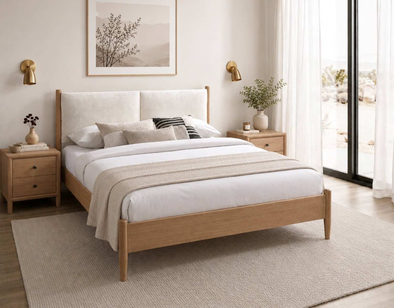 Natural Oak Finish Wooden Bed with Upholstered Headboard 5915