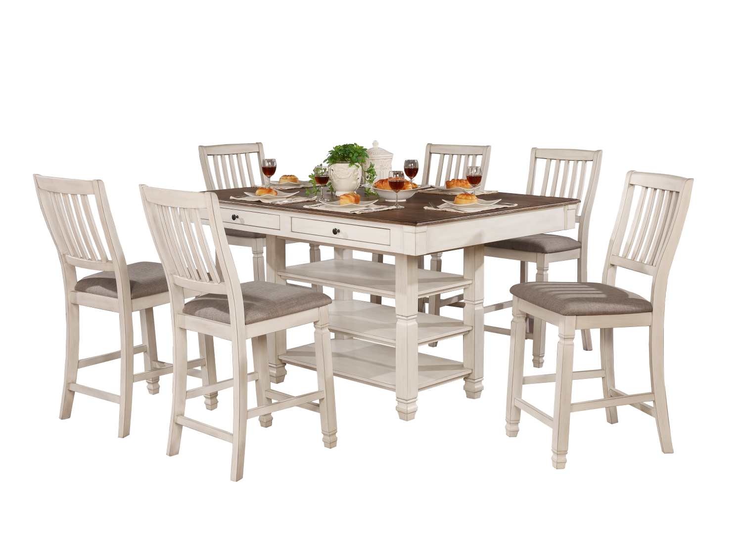 Nesbitt Counter Height Dining Table with 6 Chairs Antique White 7412 W-36