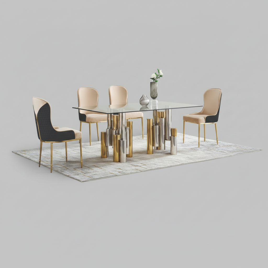 Norah Glass Dual-Tone Dining Table with 6 Fabric Chairs 1490