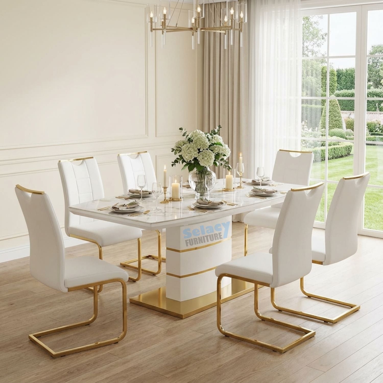 Norman White & Gold Extendable Ceramic 7PC Dining Set with White PU Chairs