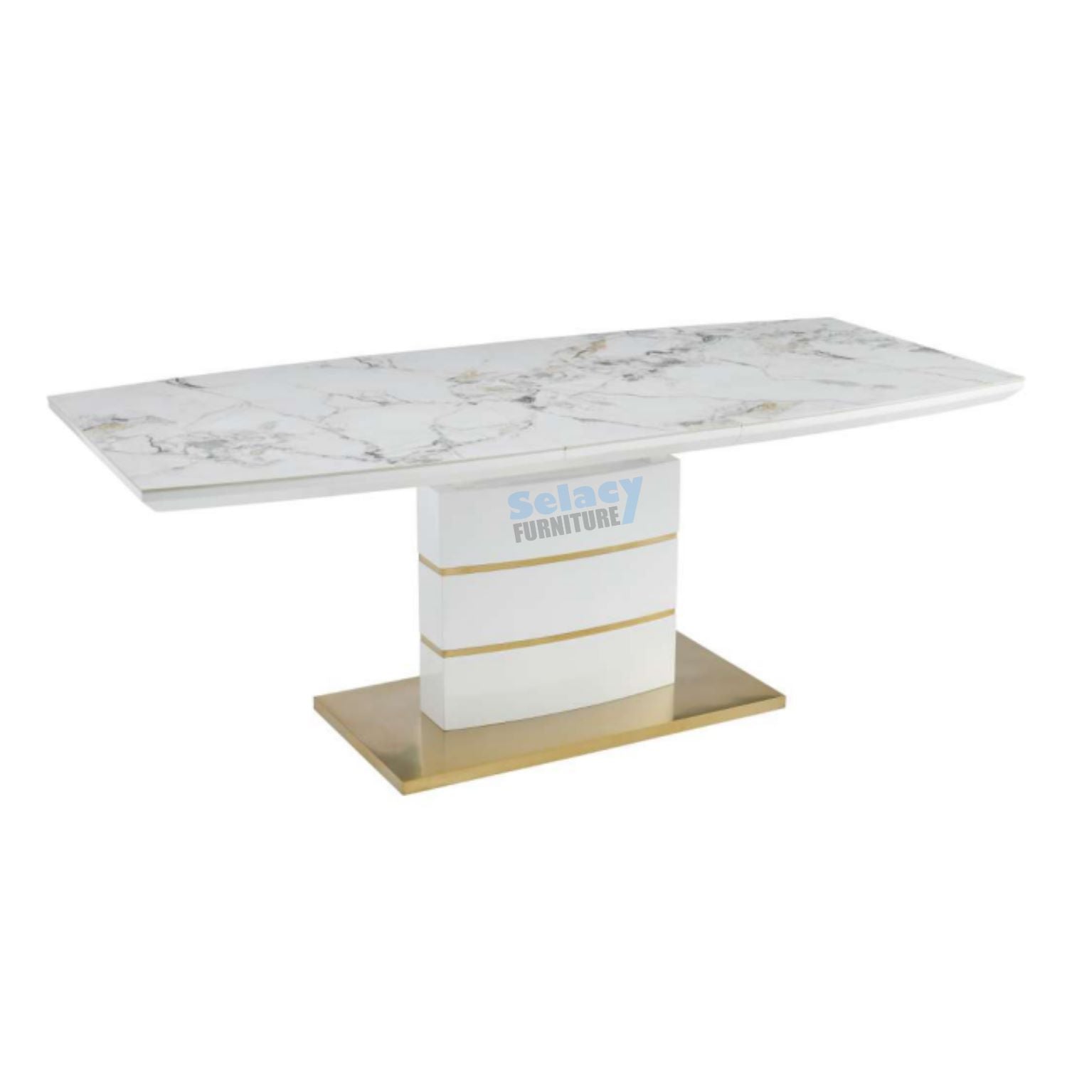 Norman White & Gold Extendable Ceramic 7PC Dining Set with White PU Chairs