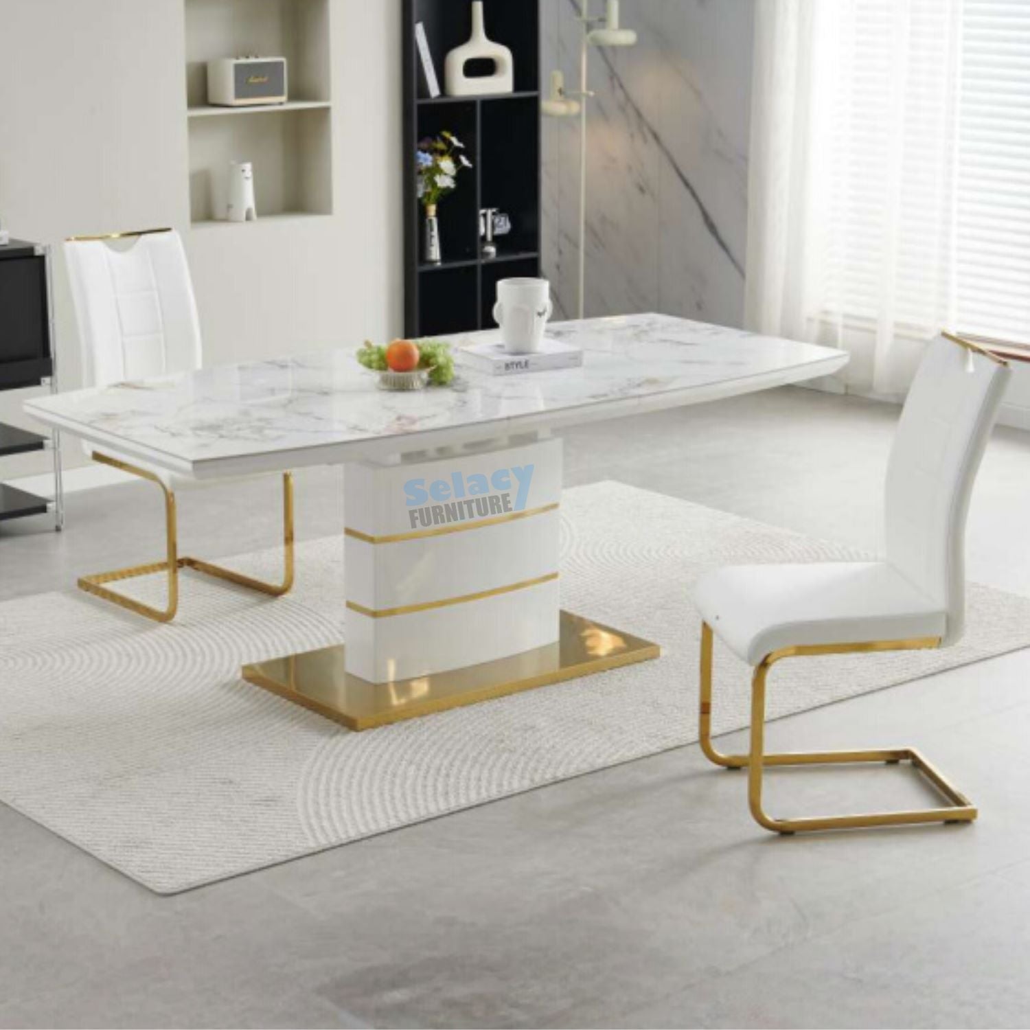 Norman White & Gold Extendable Ceramic 7PC Dining Set with White PU Chairs