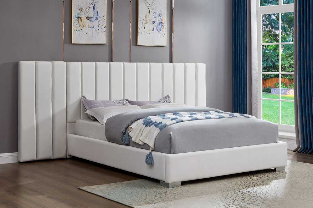 Off-White Platform Velvet Bed With Paneled headboard 2379