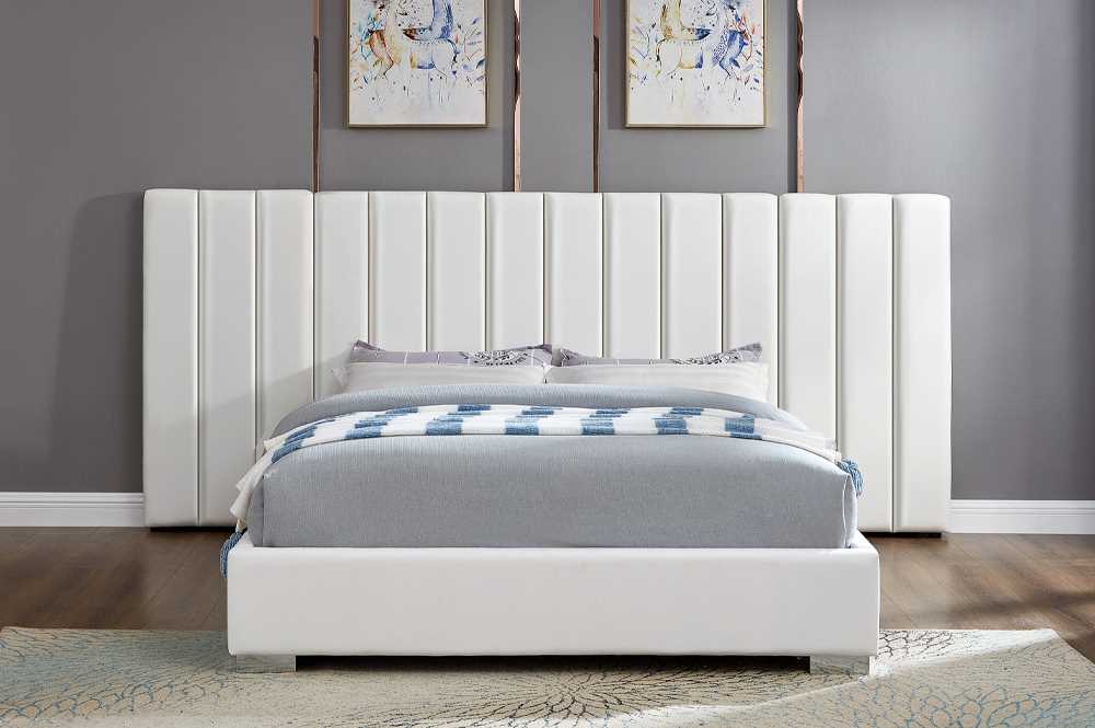 Off-White Platform Velvet Bed With Paneled headboard 2379