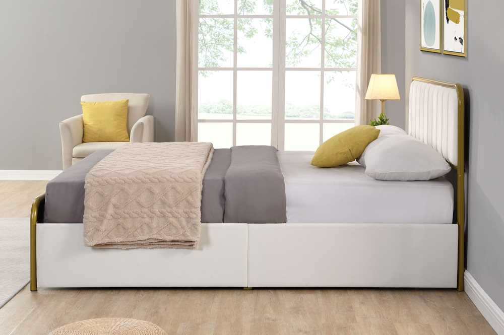 Off-White Storage Bed With Velvet Fabric & Brushed Gold Metal Trim 2334