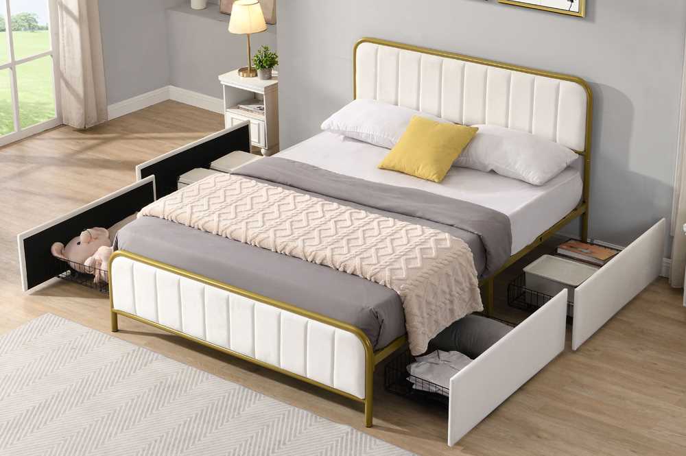 Off-White Storage Bed With Velvet Fabric & Brushed Gold Metal Trim 2334