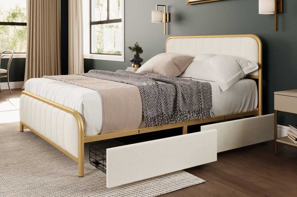 Off-White Storage Bed With Velvet Fabric & Brushed Gold Metal Trim 2334