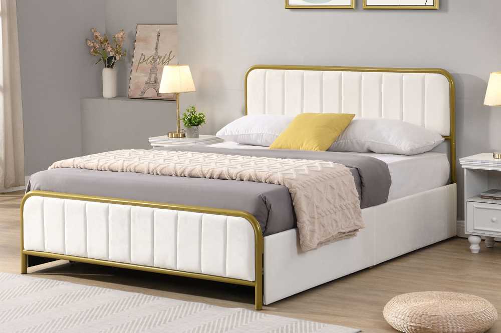 Off-White Storage Bed With Velvet Fabric & Brushed Gold Metal Trim 2334