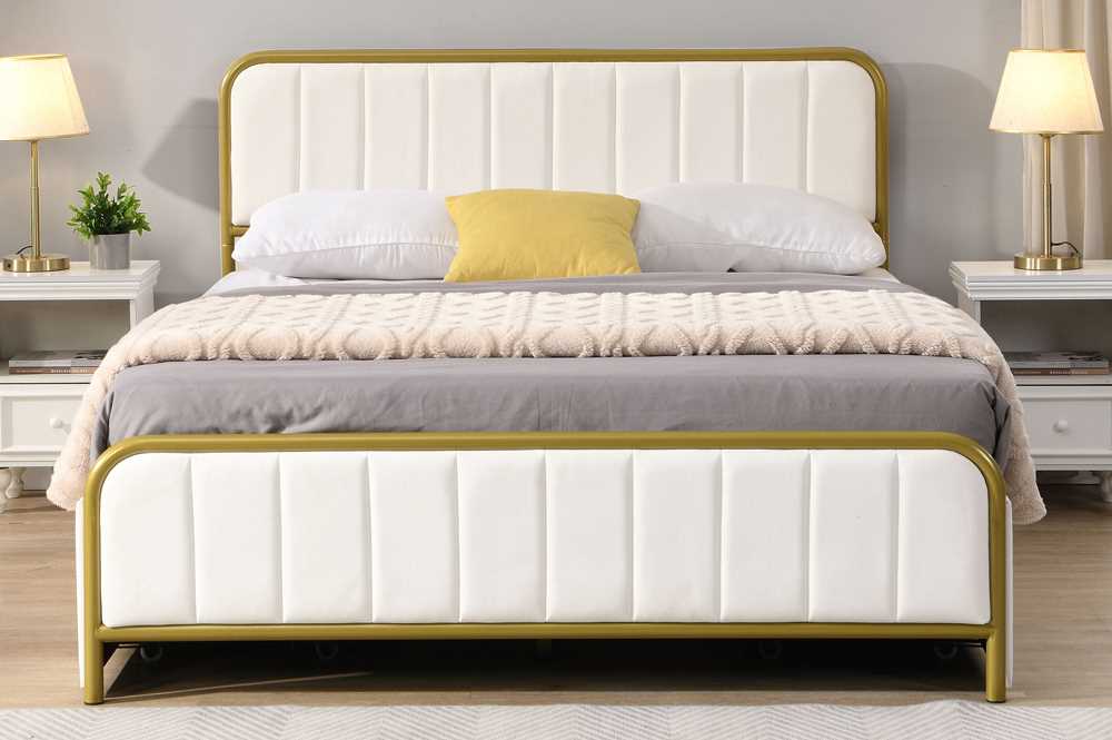 Off-White Storage Bed With Velvet Fabric & Brushed Gold Metal Trim 2334