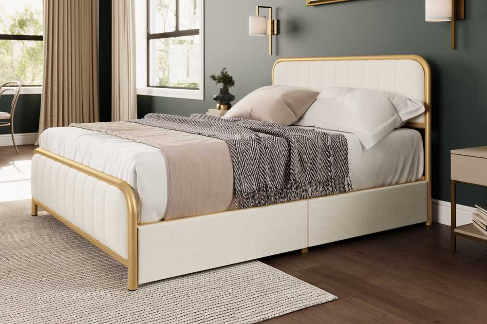 Off-White Storage Bed With Velvet Fabric & Brushed Gold Metal Trim 2334