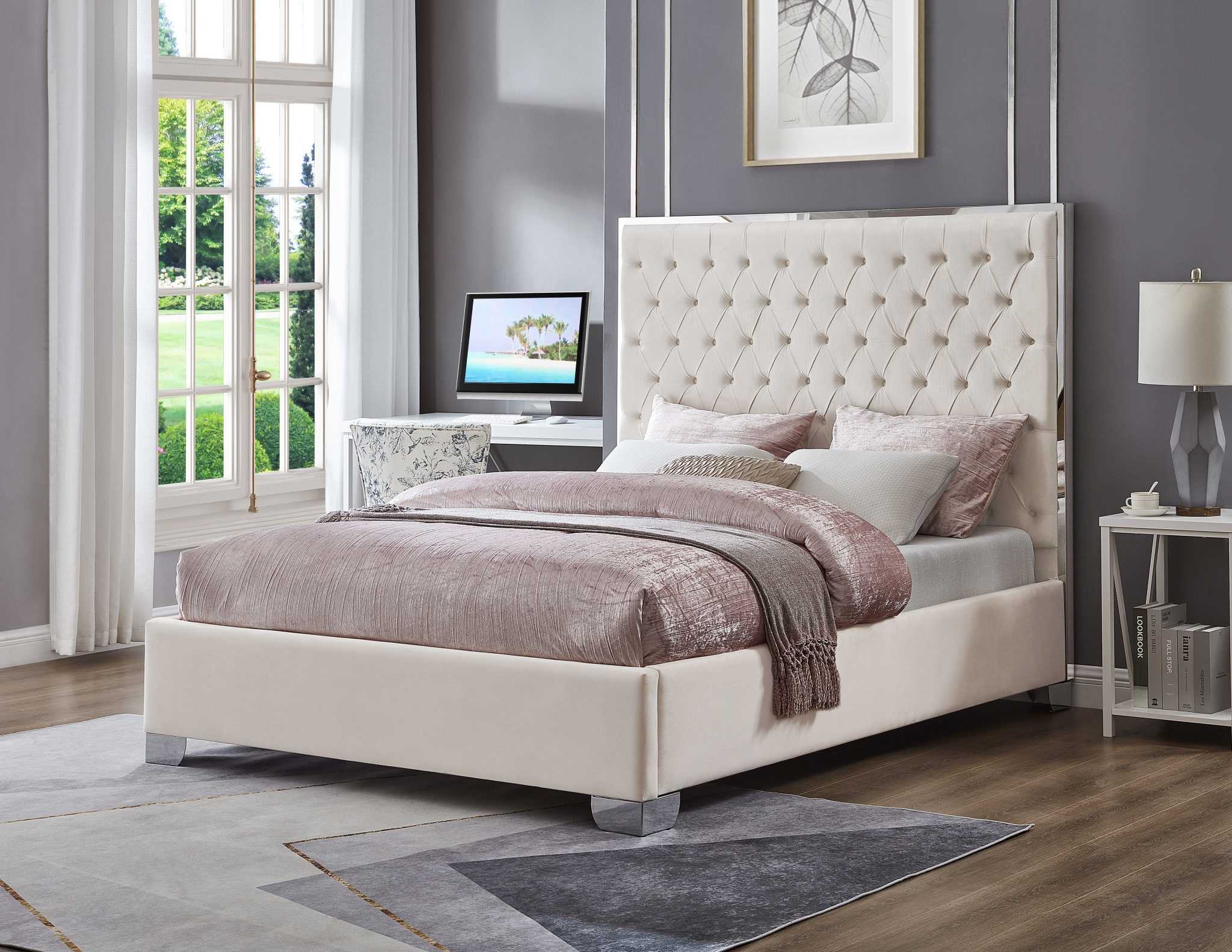 Off-White Velvet Platform Bed With Tufted Headboard 2385