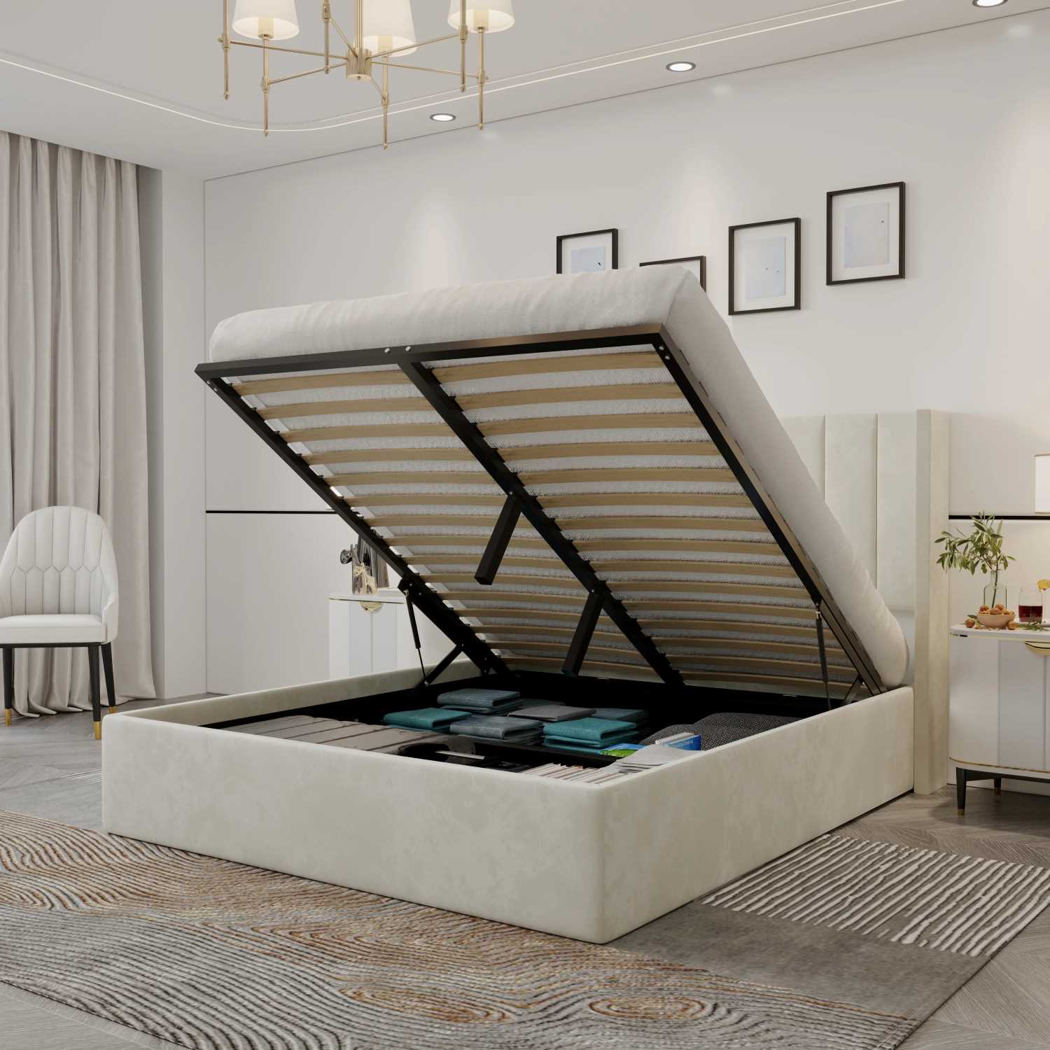 Oliver Hydraulic Lift Platform Storage Bed Ivory