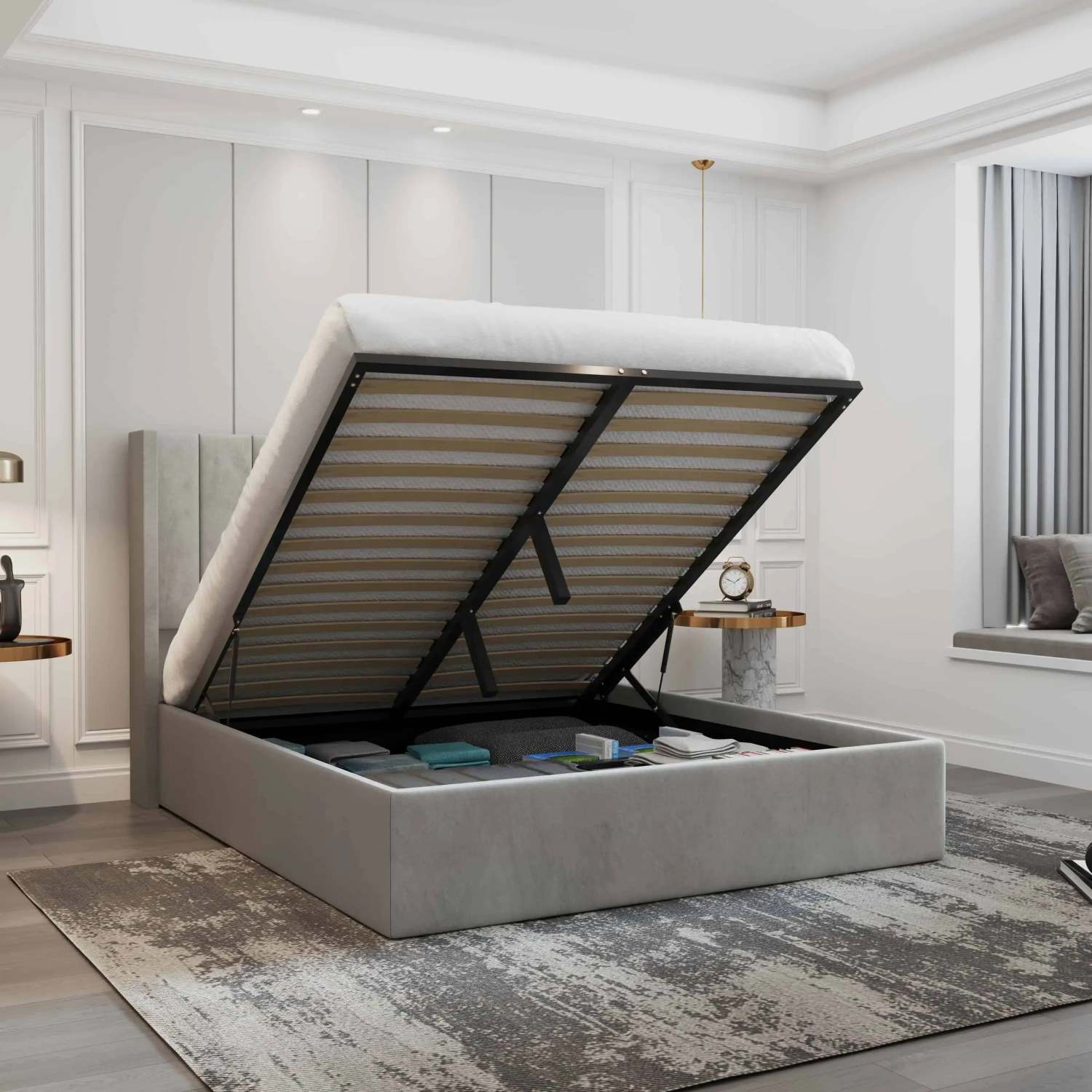 Oliver Hydraulic Lift Platform Storage Bed Light Grey