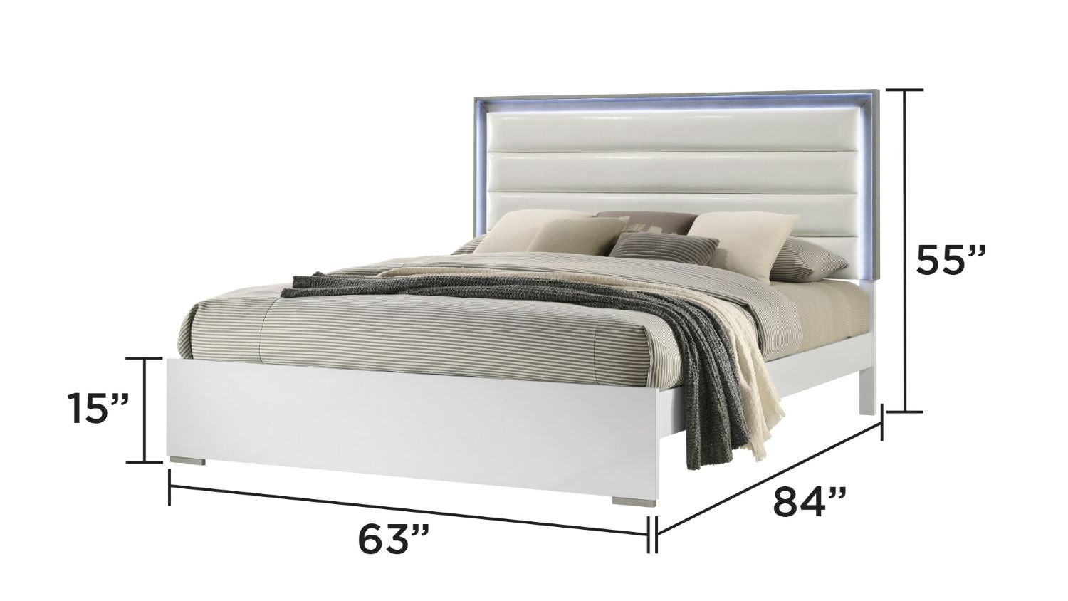 Olivia High-Gloss White Lacquer Finish Bed with LED Headboard 1821