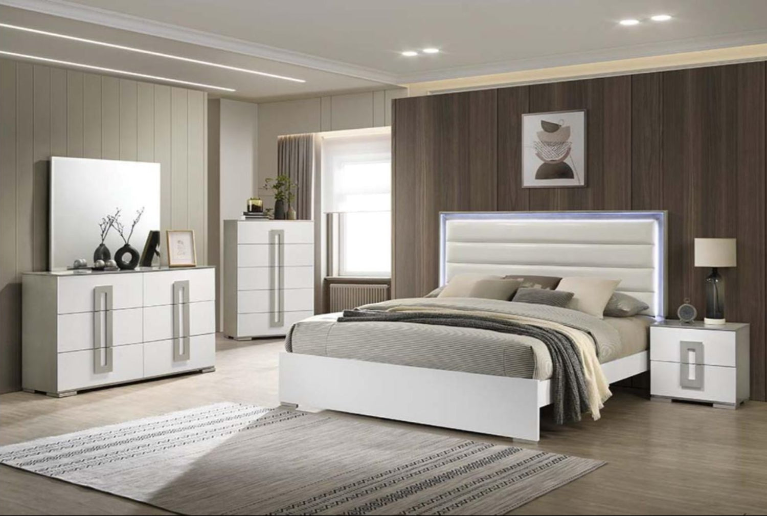 Olivia High-Gloss White Lacquer Finish Bed with LED Headboard 1821