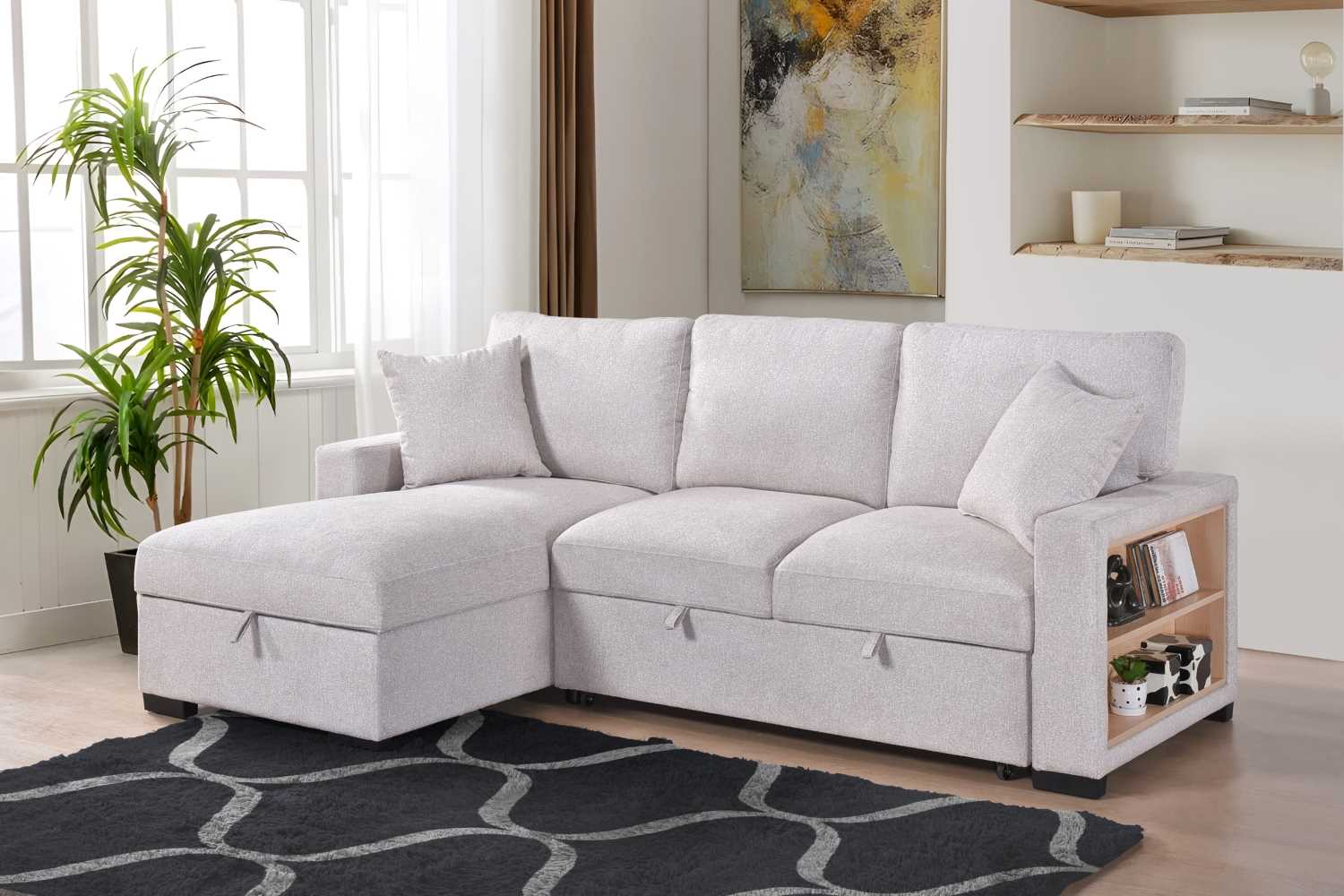 Pallas Beige Fabric Sofa Bed With Lift-Up Storage & Bookcase Arms 99630