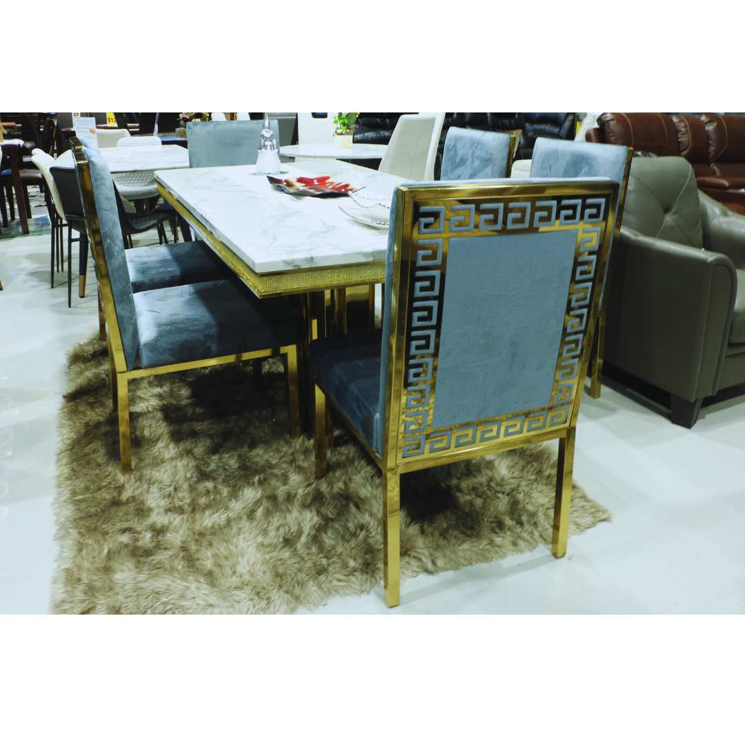 Marble Dining Table With 7 Grey Velvet Fabric Chairs ( Open Box )