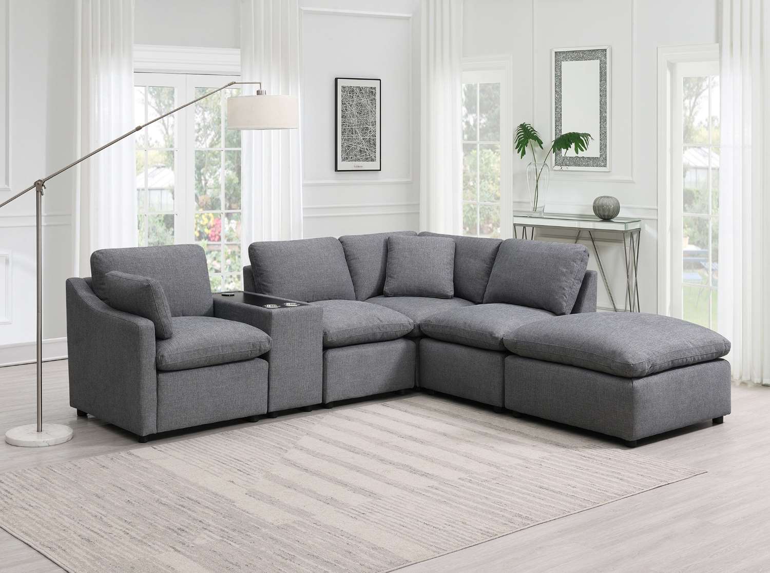 Pippa 6-Piece Modular Sectional with Left Side Arm Chair, Console & Right Side Ottoman Chaise 99076GYSSO6L
