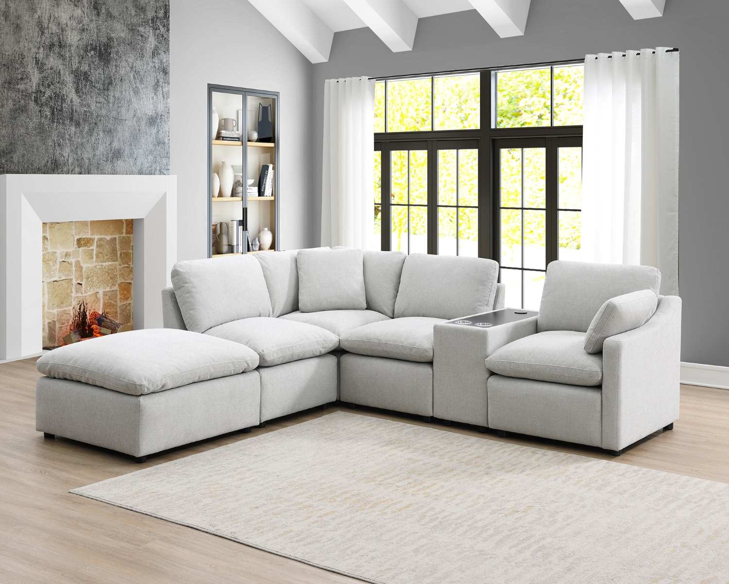 Pippa 6-Piece Modular Sectional with Right Side Arm Chair, Console & Left Side Ottoman Chaise 99076LGYSSO6R