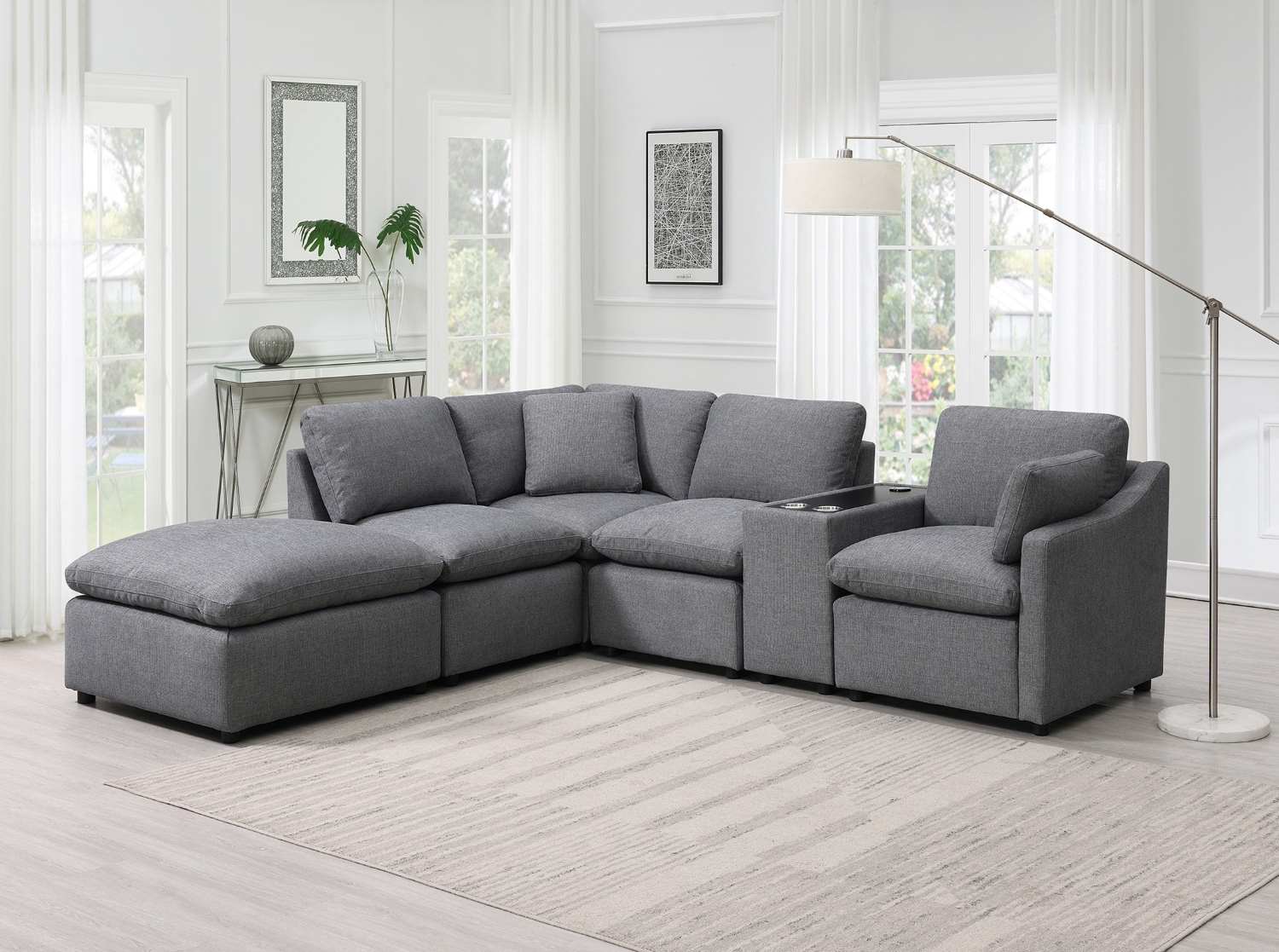 Pippa 6-Piece Modular Sectional with Right Side Arm Chair, Console & Left Side Ottoman Chaise 99076GYSSO6R