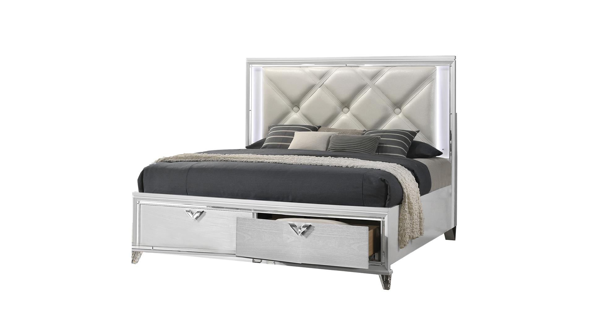 Prism White Bed With LED Headboard And Storage Footboard 1611