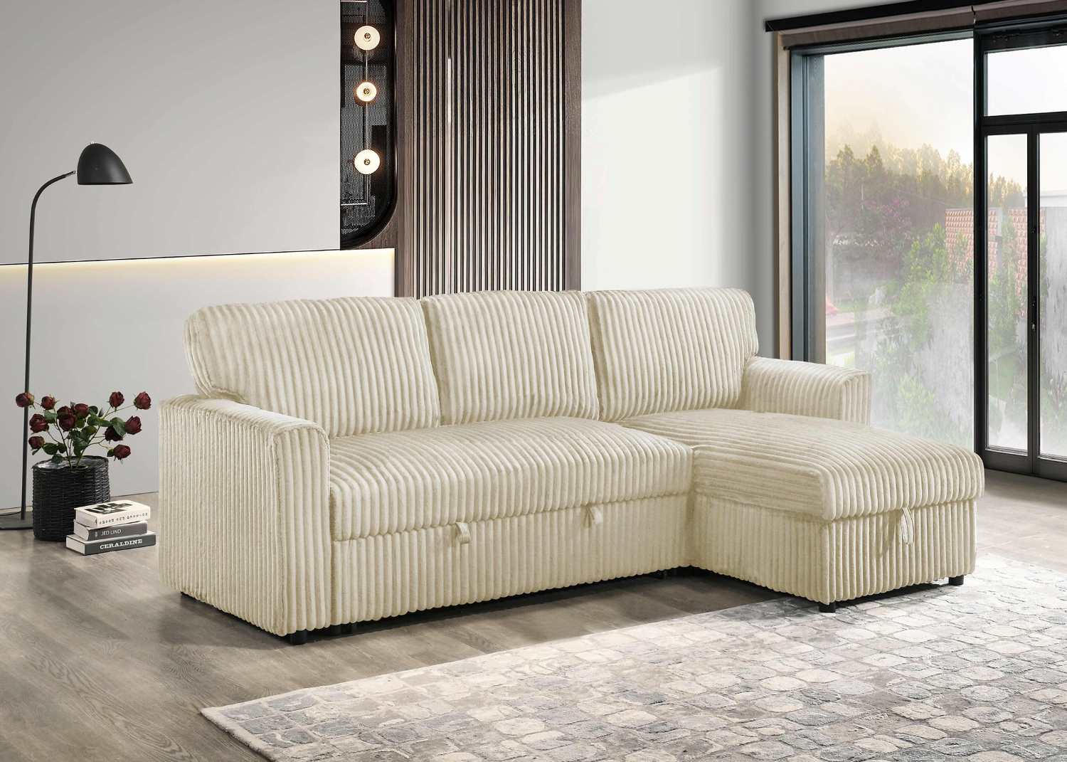Reversible Creme Sectional Sofa Bed With Large Lift-Up Storage 9026
