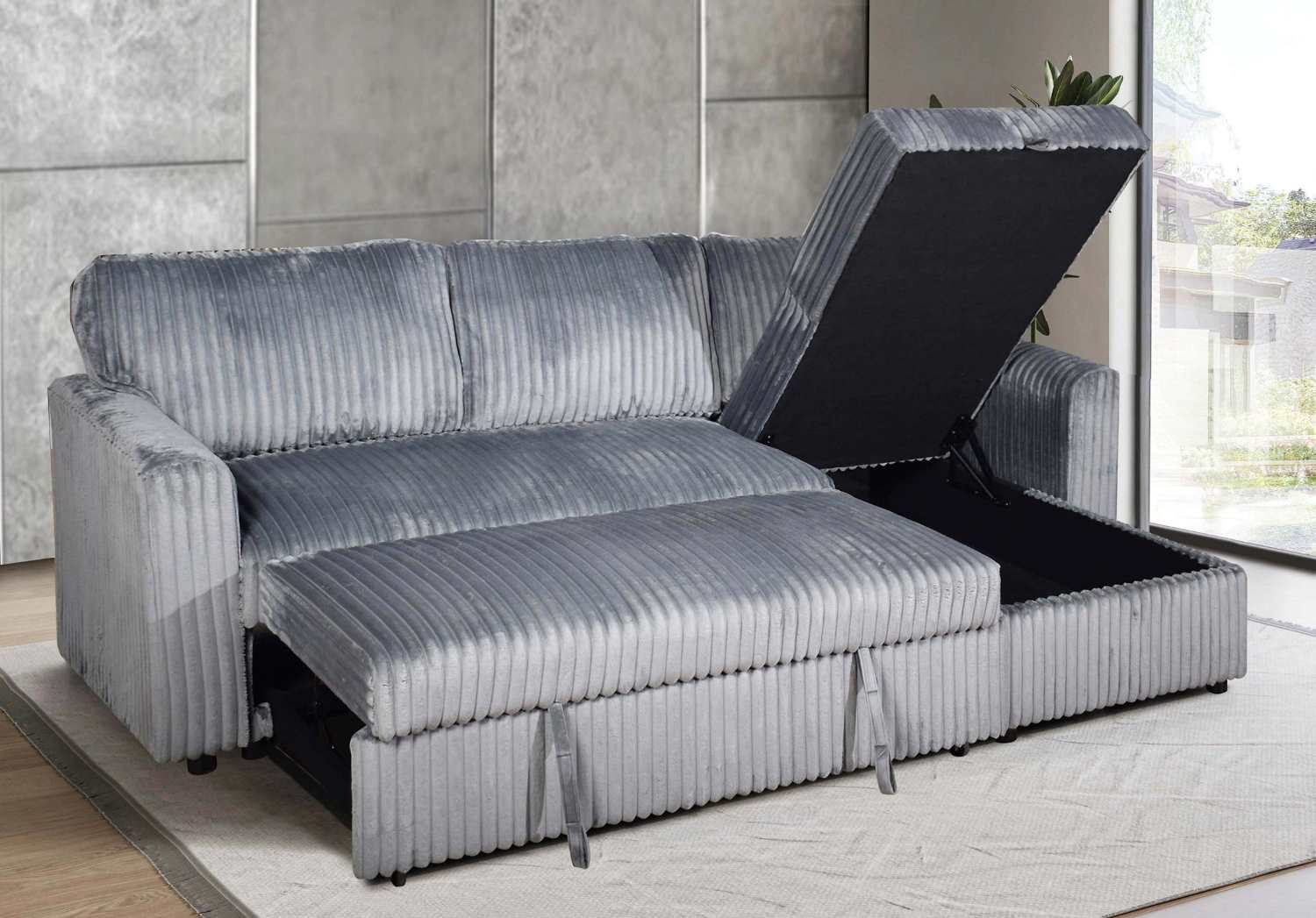 Reversible Grey Sectional Sofa Bed With Large Lift-Up Storage 9025
