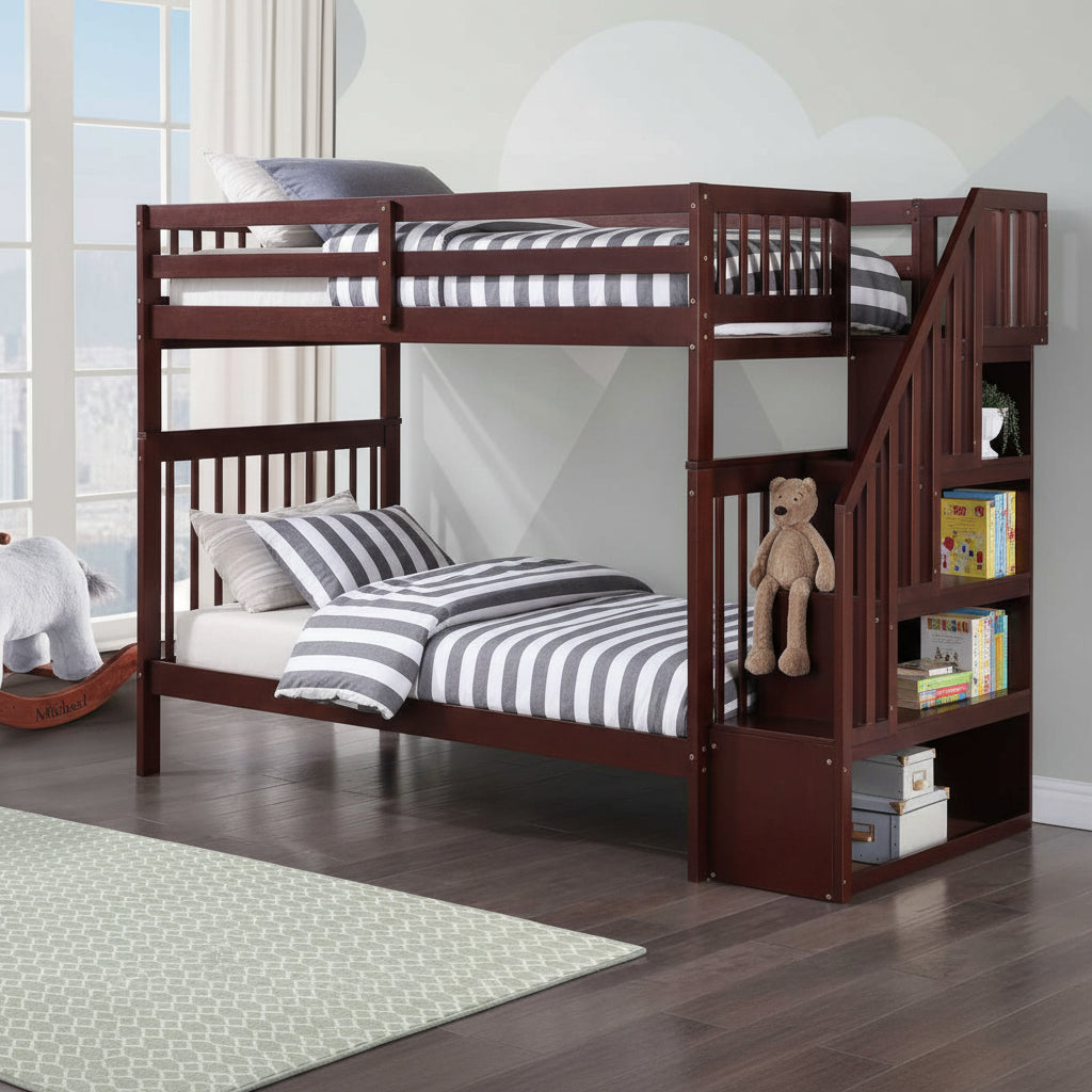 Reversible Staircase Espresso BunkBed with Single Trundle 1845