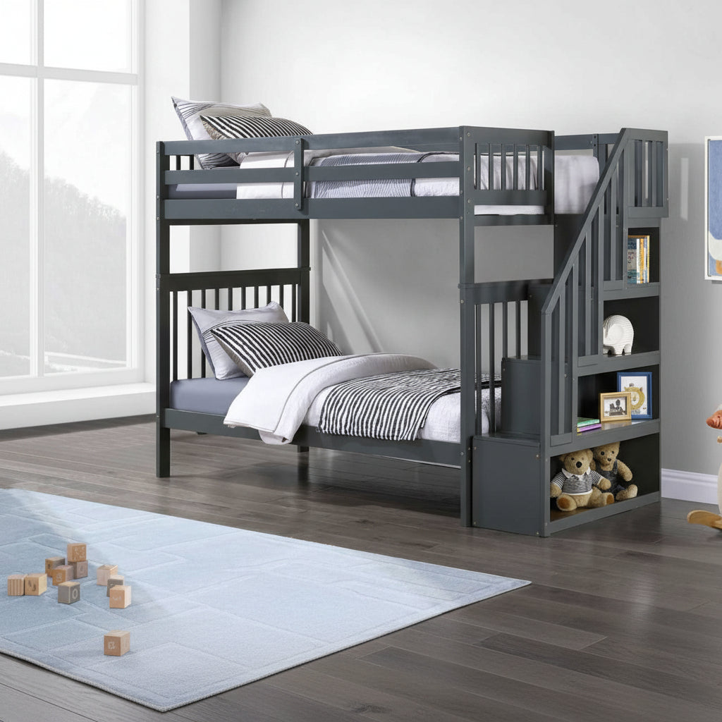 Reversible Staircase Grey BunkBed with 2 Storage Drawers 1846