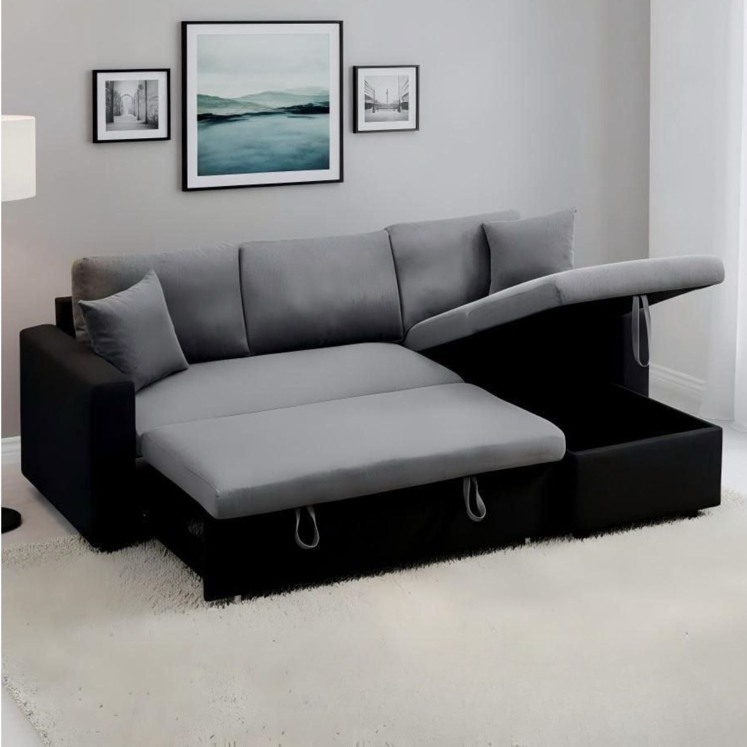 Reversible Grey & Black Pull Out Sectional Sofa Bed With Storage HM1642