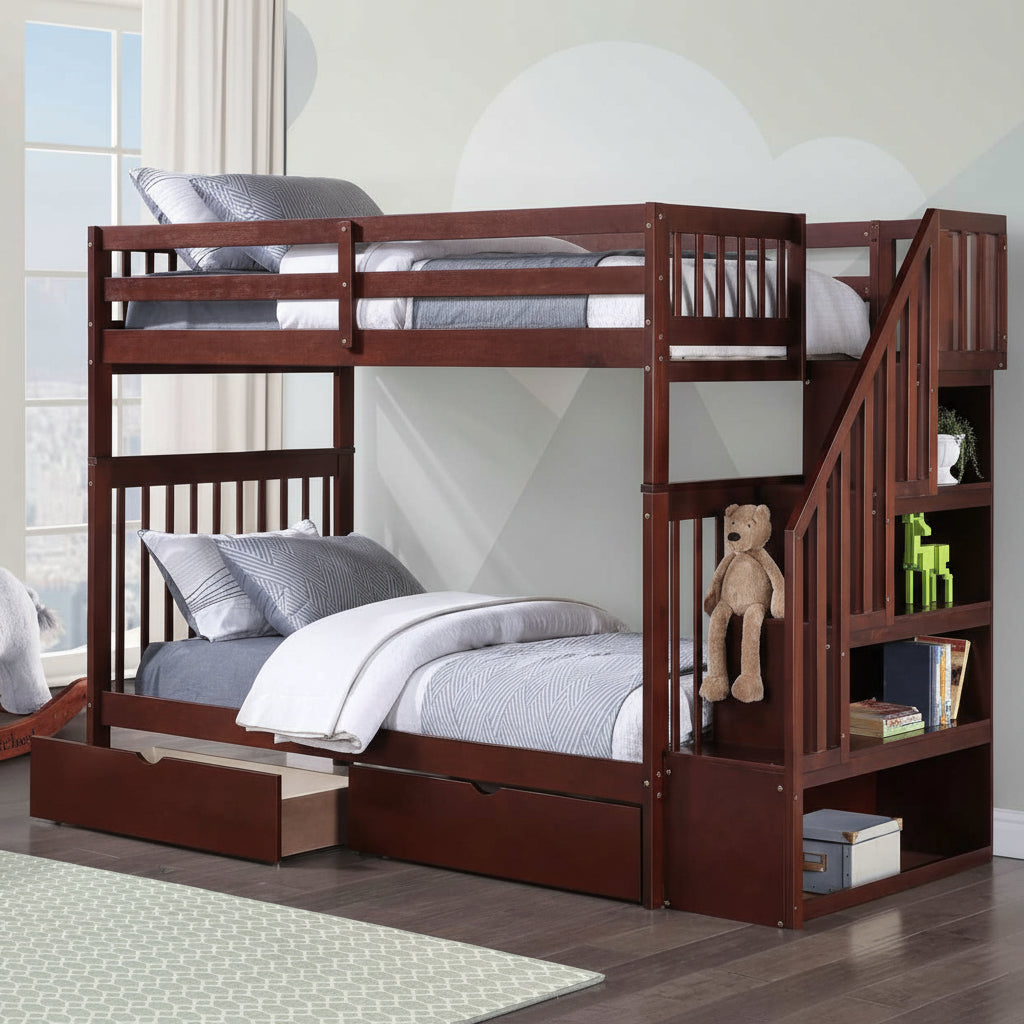 Reversible Staircase Espresso BunkBed with 2 Storage Drawers 1845