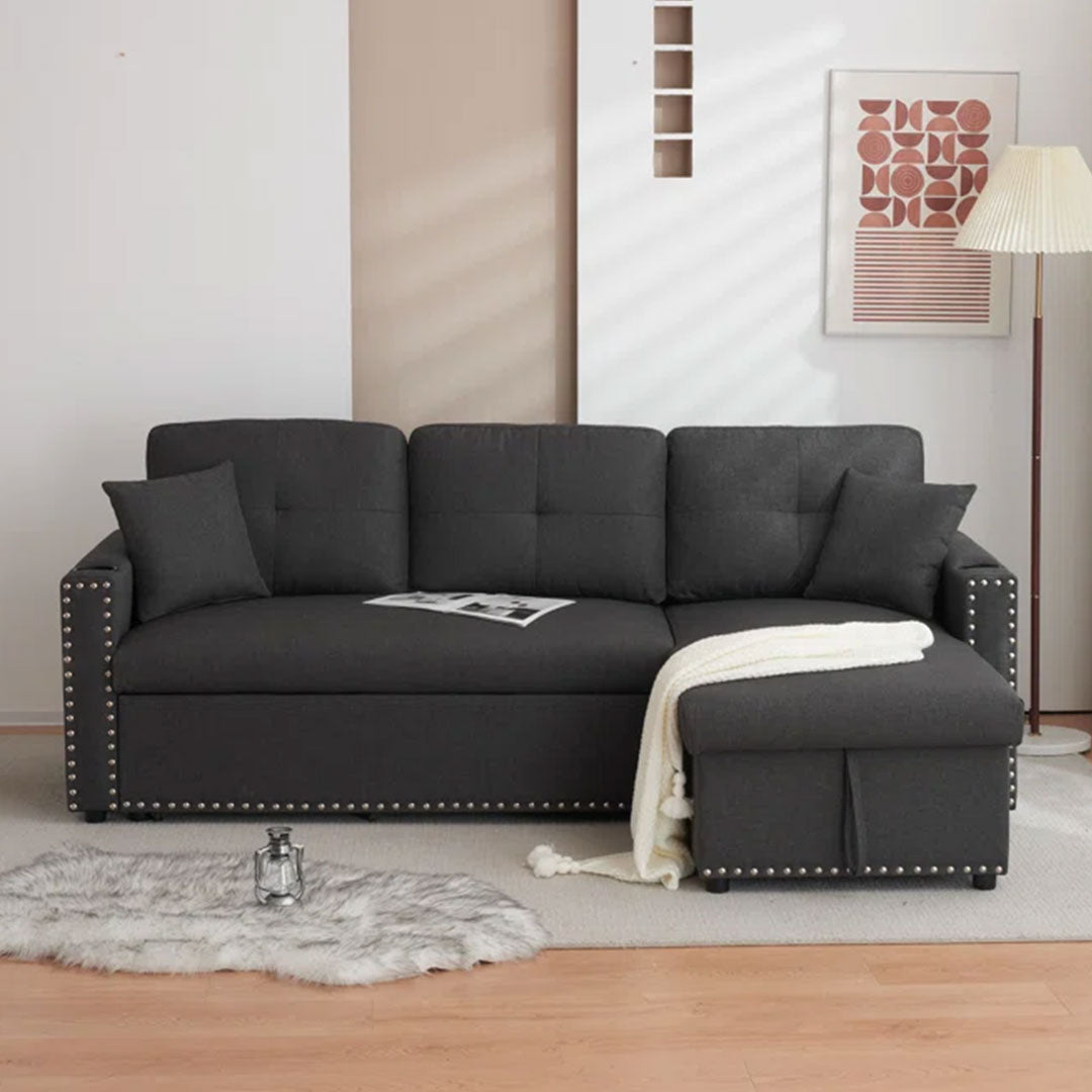 Reversible Dark Grey Pull Out Sectional Sofa Bed With Storage Chaise & Cup Holder 4777