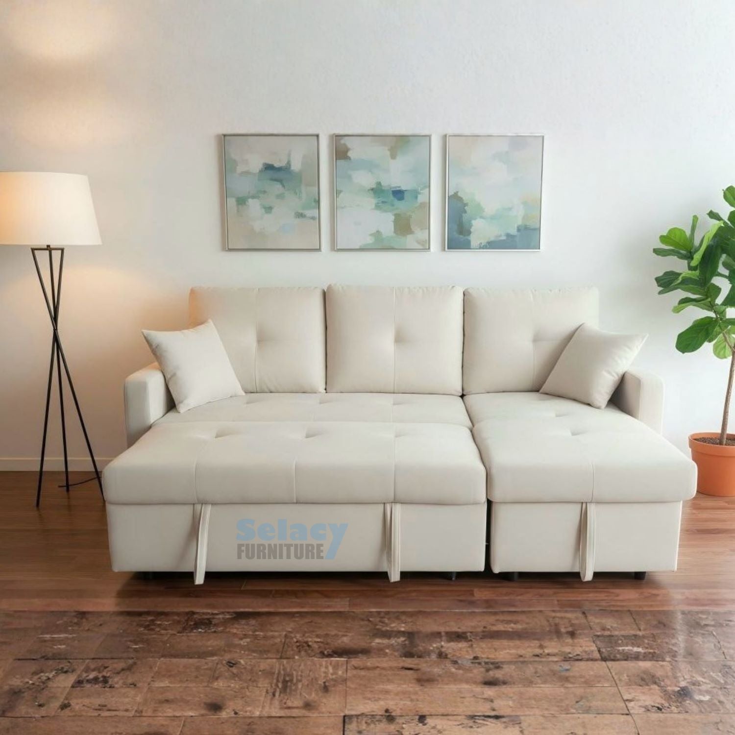 Reversible Cream Fabric Pull Out Sectional Sofa Bed With Storage 1866