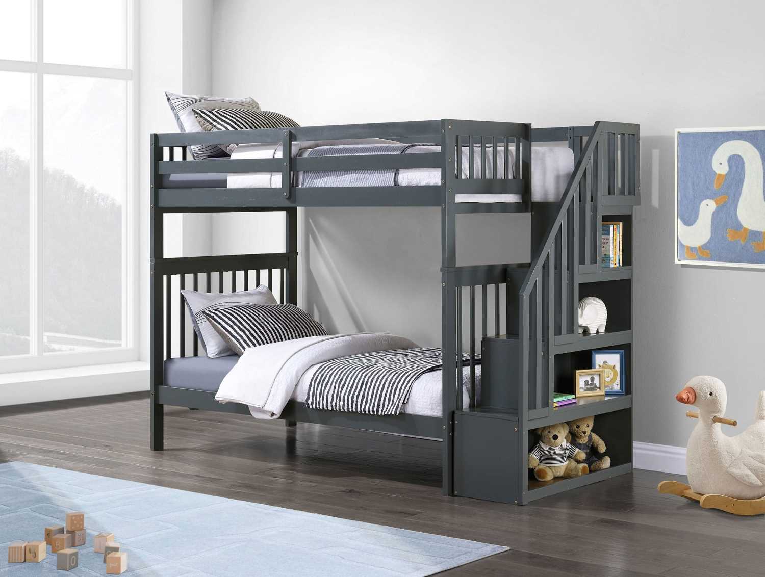 Reversible Staircase Grey BunkBed with Single Trundle 1846