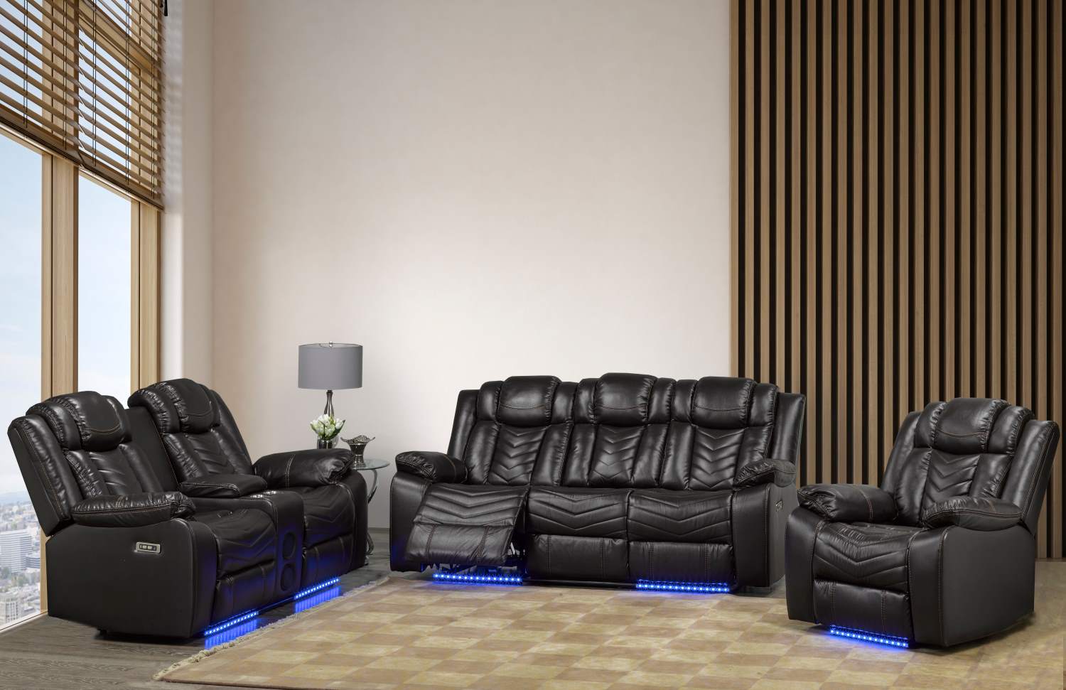 Rogue Brown Genuine Leather Power Recliner Sofa Set with Bluetooth Speaker 3765