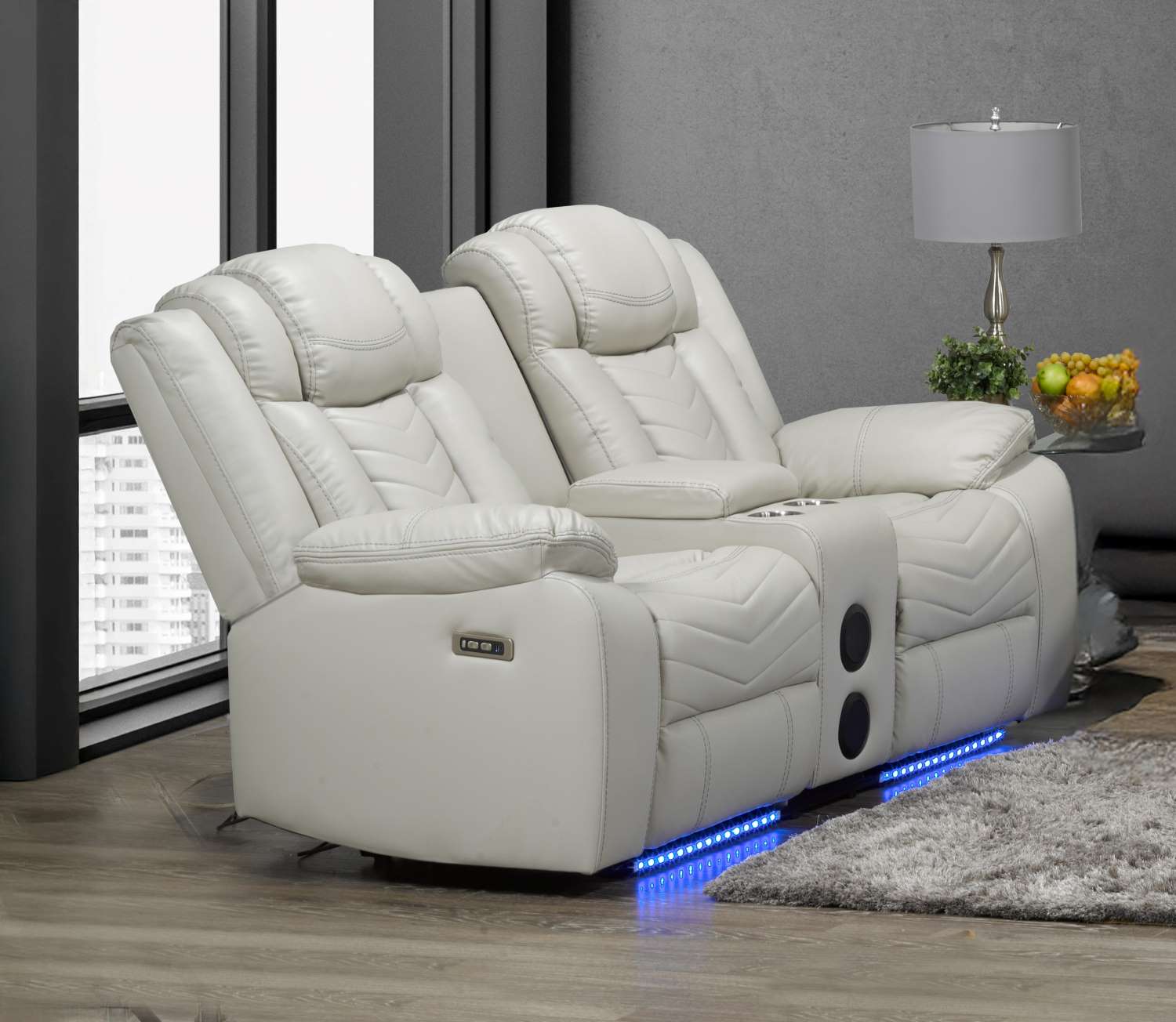 Rogue Light Grey Genuine Leather Power Recliner Sofa Set with Bluetooth Speaker 3765