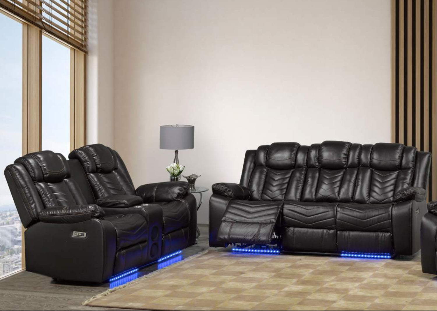 Rogue Brown Genuine Leather Power Recliner Sofa Set with Bluetooth Speaker 3765