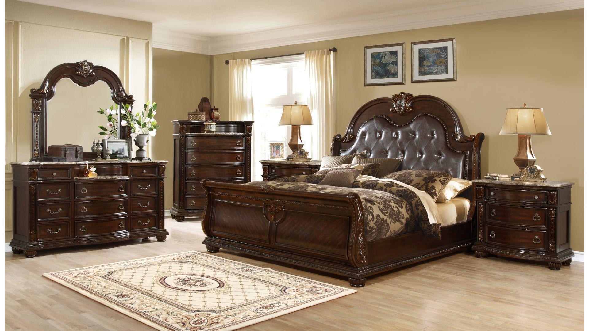 Roma 6PC Bedroom Set With Sleigh PU Headboard Dark Walnut 391